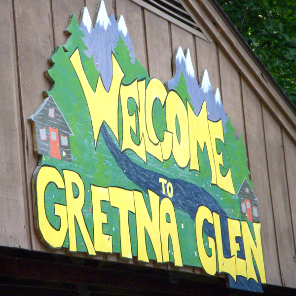 Hand-painted Gretna Glen Sign on Pavillion at Gretna Glen. PA